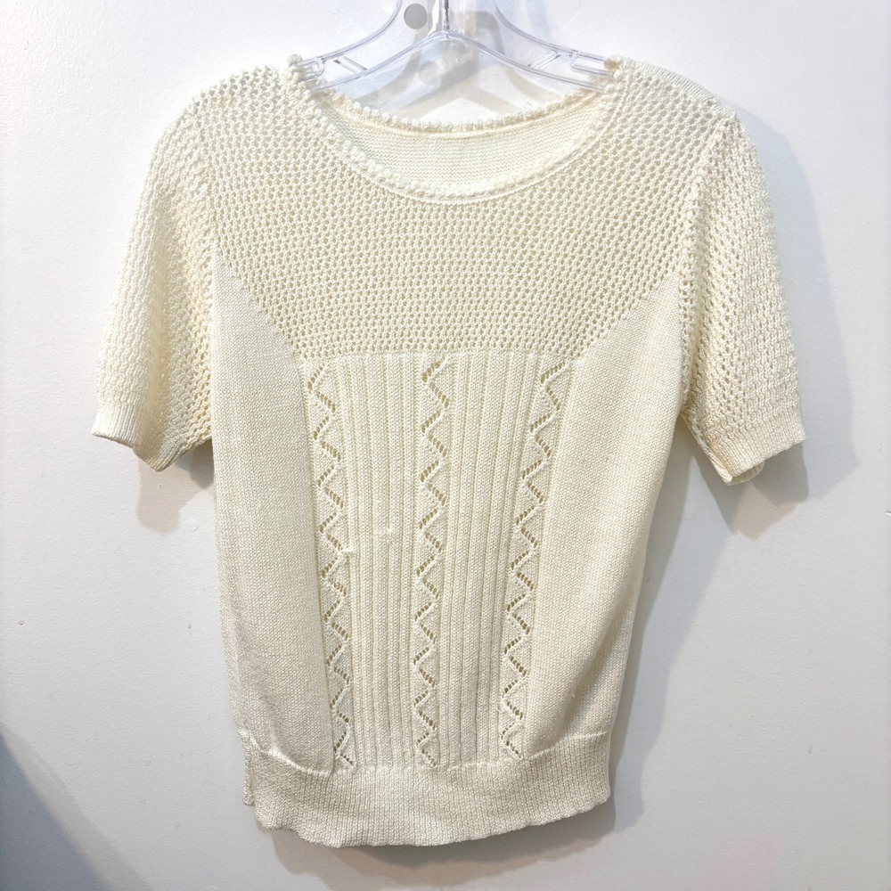 L.L. Bean Signature Pointelle Ivory Cable Knit Pullover‎ Sweater Short Sleeve